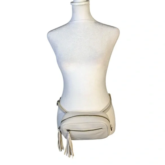 Hadaki Leather Crossbody Bag White Tassel Zip Adjustable Purse Strap Fanny Pack - Picture 9 of 15